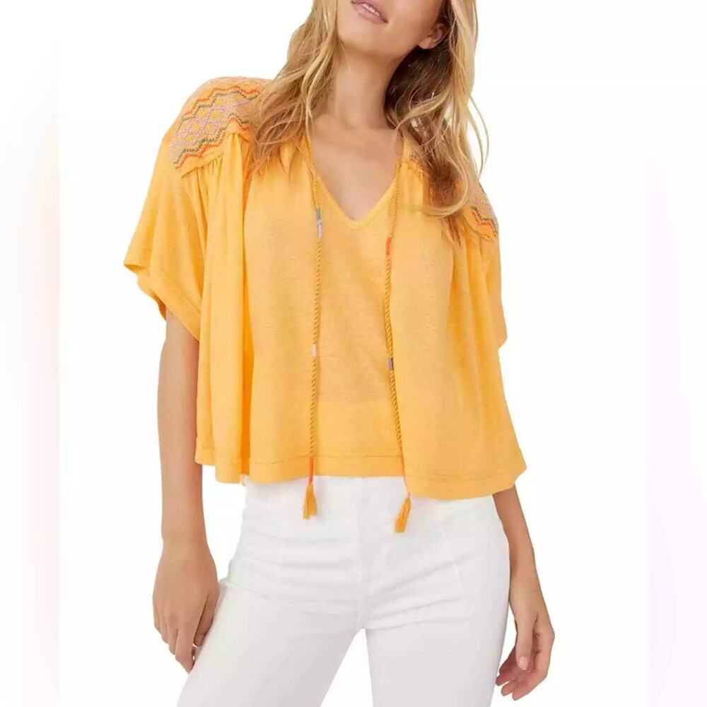 Free People Top Orange Peach Embroidered Geometric Short Sleeve V Neck Blouse XS